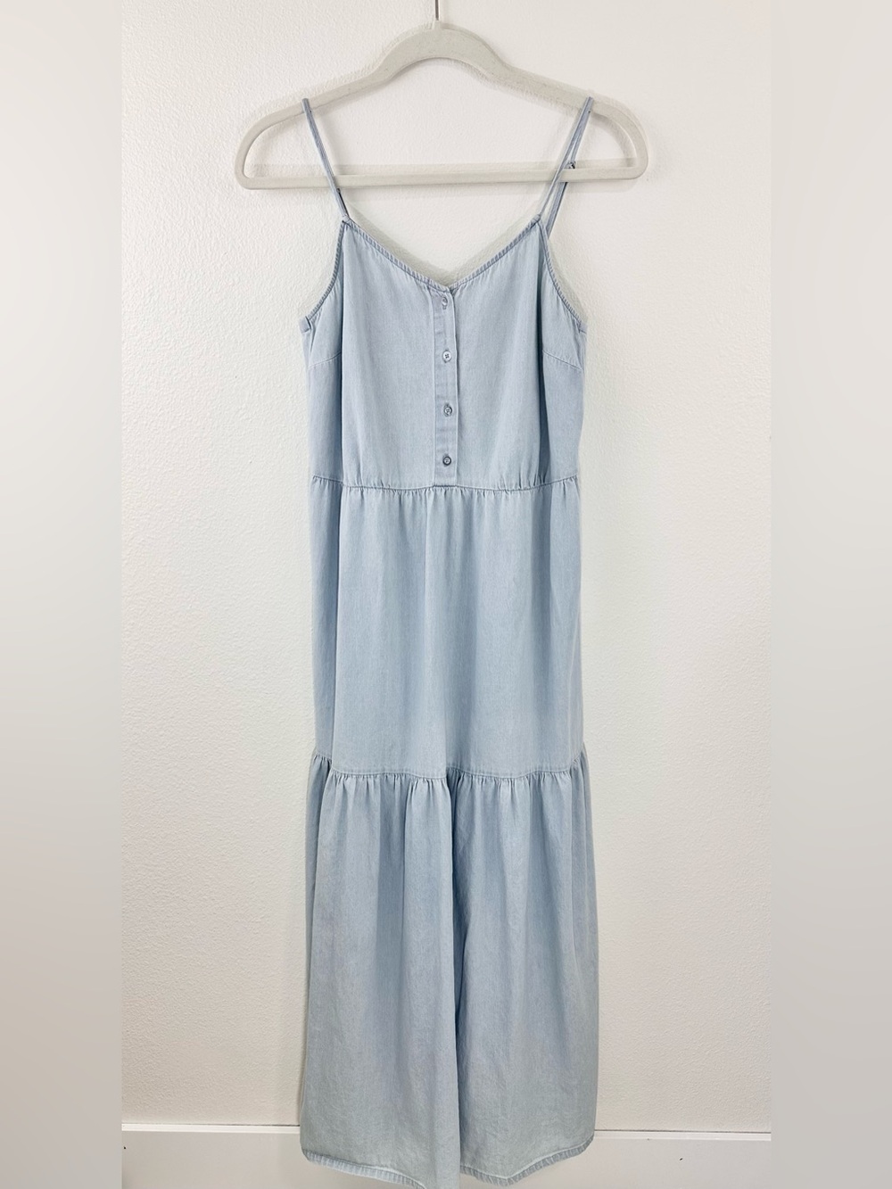 Universal Thread XS Light Denim Blue Cotton Tiered Prairie Maxi Dress